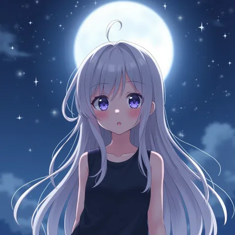 "A highly detailed anime-style portrait of a young girl with long, silver hair flowing down her shoulders. She has large, expressive purple eyes and a slight blush on her cheeks. She is wearing a black, sleeveless top, standing under a night sky illuminate...