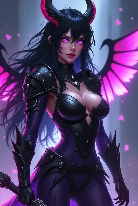 A woman with black hair and purple eyes, with armor, elsword, shield and bow of a space goddess. without being vulgar