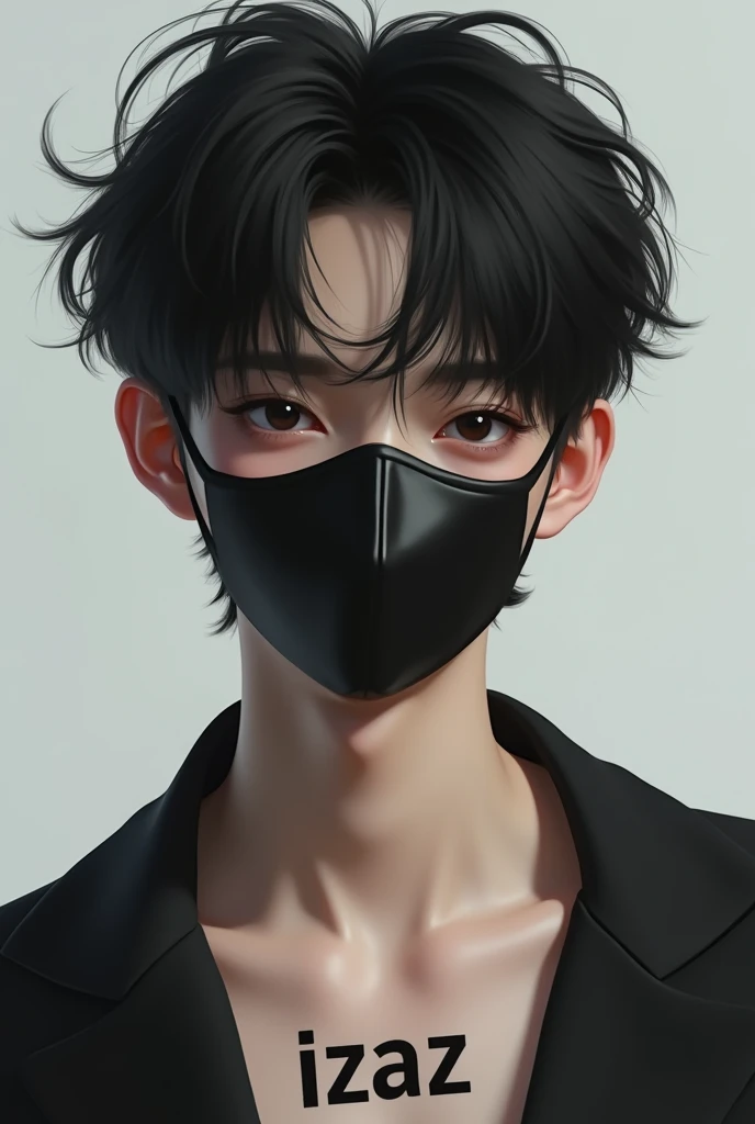 A handsome Korean boy, age 15, looks like girls, black face mask and a name on his chest "izaz"