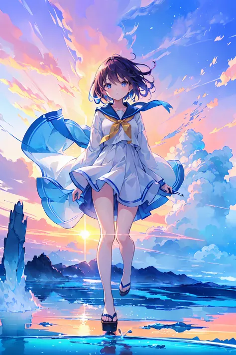 ((Uyuni Salt Flat、四方八方に広がる青い空とsummerの雲を反映しています. A girl walks in the middle of it, Surrounded by the blue of the sky and the white of the clouds, Create stunningly beautiful scenes.)), he (sunset:1.3),((Anime girl walking on water)), (((It&#39;s so big you ...