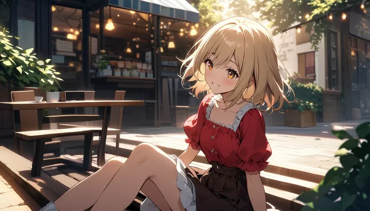 Highly detailed CG Unity 8k wallpaper), Outdoor Cafe，Beautiful young woman in sunny weather, Smiling,skirt, sit, full_body, dramatic, バックLight, Light, Volumetric Lighting, Delicate face, Simple Background、Every time I hear your voice,
Memories of that day ...