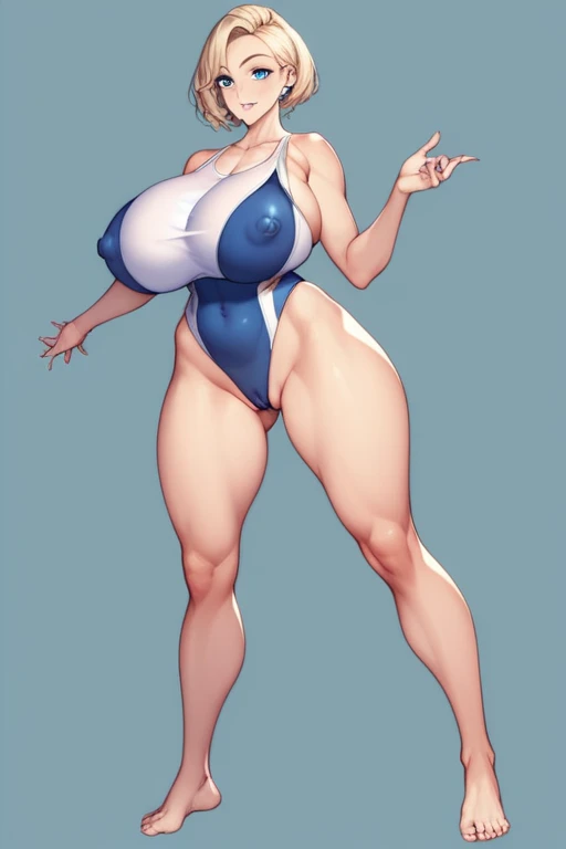 score_9, score_8_upper, score_7_upper, score_6_upper, Mature Woman, {{Super huge breasts}}, Wide Hips, Curvy, Straight hair, short hair, blondes, Blue eyes, White shirt, Sleeveless shirt, Supperer high leg cut_School Swimsuit, indoor, Are standing, View yo...