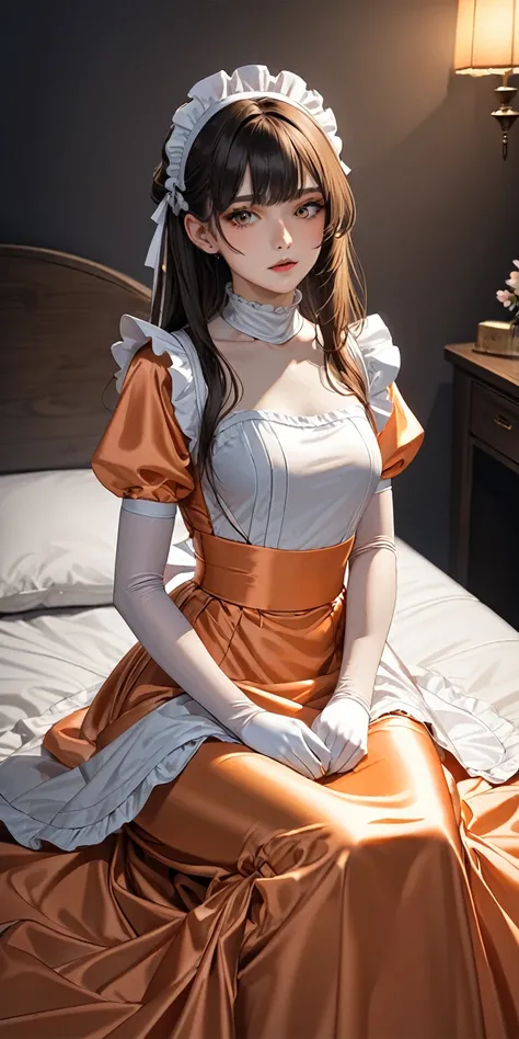 Portraiture、(masterpiece,Highest quality,Ultra-high resolution),Japanese women, Maid Headband、(((Very beautiful 25 year old girl)))、(She is wearing a long-sleeved maid outfit made of glossy pale orange satin..)、The dress has a simple design without any pat...