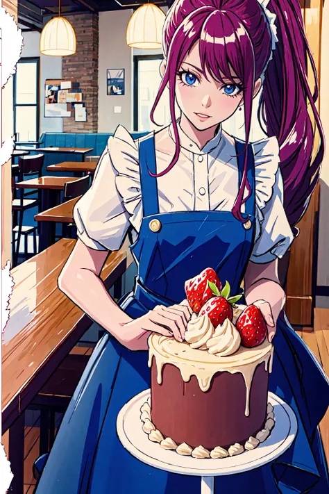 Promotional photos, The place is a coffee shop, 1 girl, 16 year old face, The waitress brought the cake to the table, Redhead with double ponytail, Gentle face, Strawberry pattern gothic lolita half-length maid costume, White-based clothes,