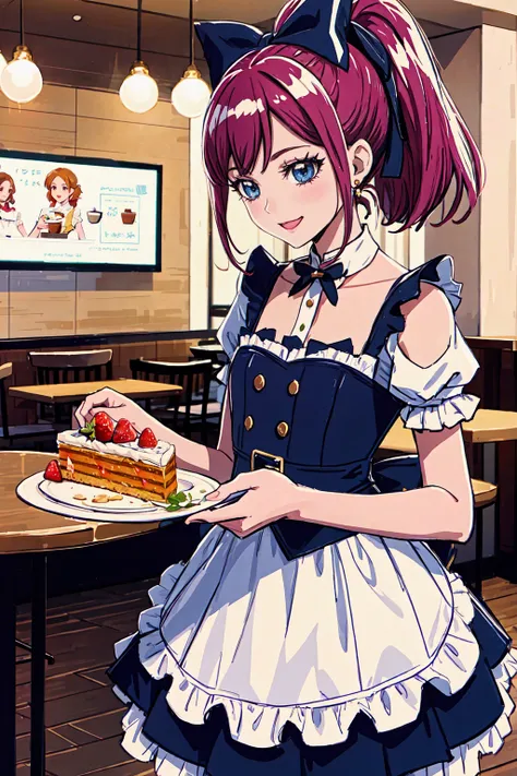 Promotional photos, The place is a coffee shop, 1 girl, 16 year old face, The waitress brought the cake to the table, Redhead with double ponytail, Gentle face, Strawberry pattern gothic lolita half-length maid costume, White-based clothes,