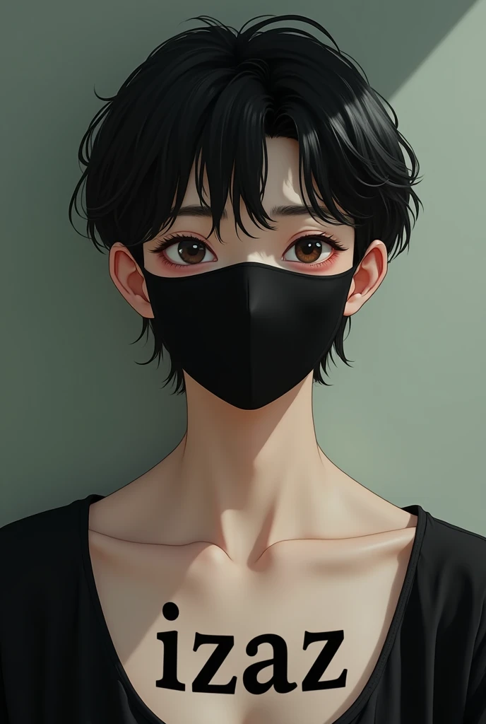 A handsome Korean boy, age 15, looks like girls, black face mask and a name on his chest "izaz"
Look natural 