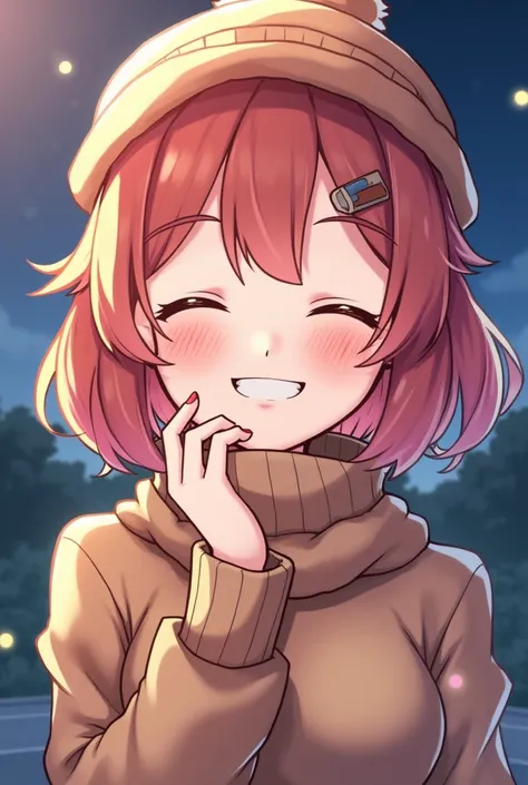 1girl, Furina, Genshin Impact, smiling, closed eyes,sweater, looking at viewer, upper body, beanie, outdoors, night, turtleneck, masterpiece, best quality, very aesthetic, absurdes