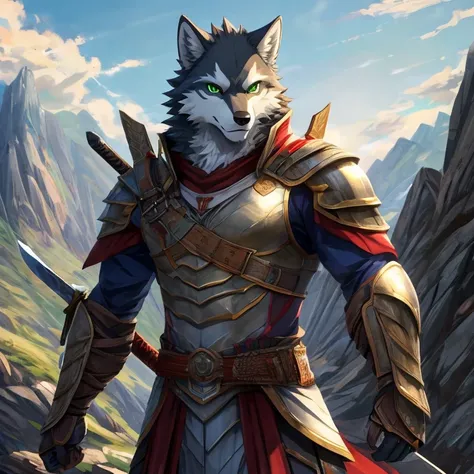  Masterpiece, best quality, high quality, 4K, Anime art, 1White Male wolf, Solo, has a sword, handsome, Warrior, wears an armor, has Green eyes, detailed anime character art, muscular build, slim body, crisp clear rpg portrait, in the Mountain cliff, sunny...