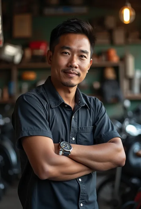 30 year old Indonesian man, at the motorcycle workshop, short hair, dimples