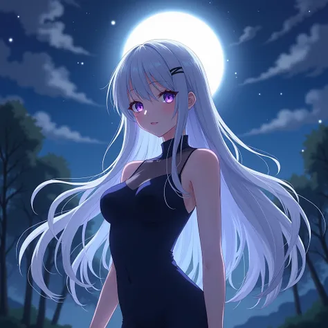 : "A captivating anime girl with long, silver hair and striking purple eyes. The character is dressed in a sleek, black sleeveless outfit, with the moon shining brightly behind her in the night sky, giving the scene a mystical glow."