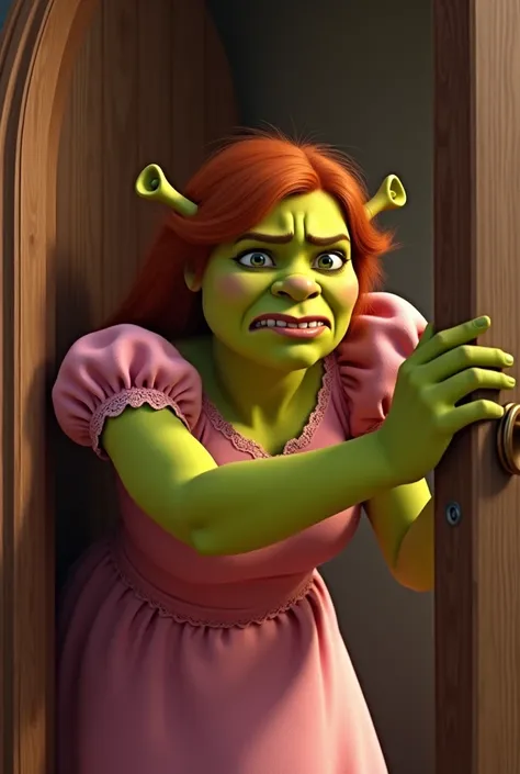 Disney Pixar:1.2)Generate image of Fiona, From the movie “Shrek”,  in shrek mode, wearing a pink dress, carefully holding a  door knob while opening a door, squinting eyes afraid to break the door knob