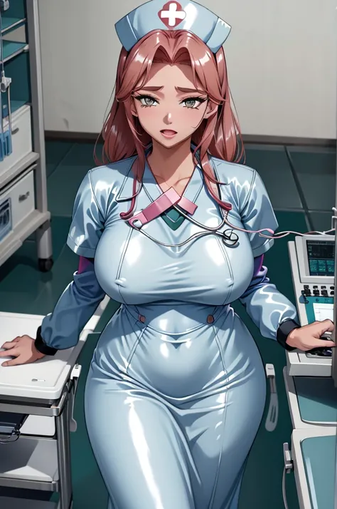 nurse uniform,hospital, latex nurse suit,nurses,busty,elbow gloves,labcoat,auburn hair woman,red eyes , gigantic ,medical instruments,asian nurse,two nurses,speculum,examination room,oversize ,big ass ,strap on, lay on table ,legs spreaded,giving birth,gyn...