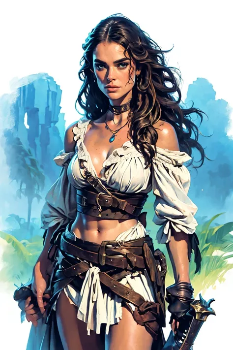 Keira Knightley as Elisabeth Swann from the movie Pirates of the Caribbean, highly detailed cinematic illustration, black outlining, full color illustration, vivid colors, white background, in the style of Boris Vallejo & Julie Bell, masterpiece, 8k, ultra...