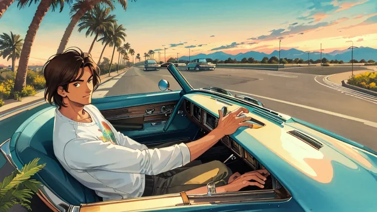 masterpiece, Highest quality, 1970s, Man sitting in the drivers seat of a classic Impala open car, The car engine roars as he drives along a winding road, Background is California scenery, Palm trees swaying gently in the breeze, Hand-drawn illustration, R...