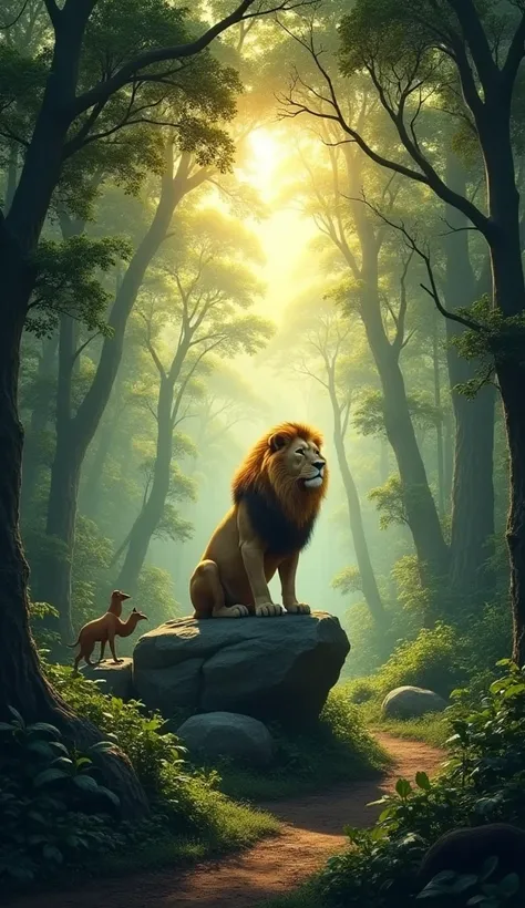 A dense forest is shown. The suns rays are filtering through the trees. Birds are chirping and wild animals are busy in their work. There is a big stone in the middle of the jungle, on which the king of the jungle, the lion, is sitting comfortably.