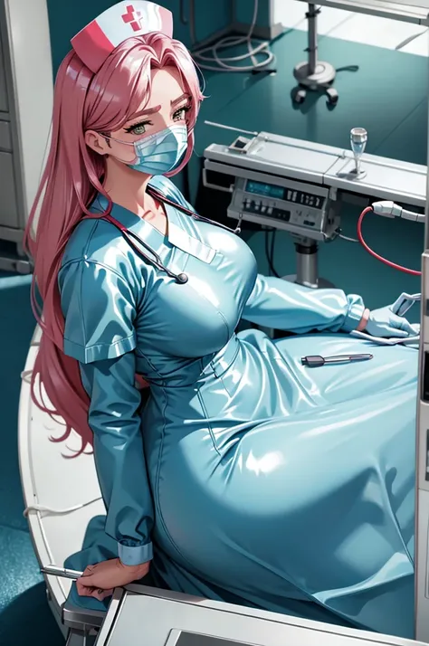 nurse uniform,hospital, latex nurse suit,nurses,busty,elbow gloves,labcoat,dark hair woman,red eyes , gigantic ,medical instrume...