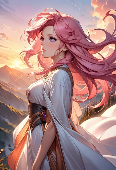 A beautiful anime girl with long pink hair and purple eyes, standing on a mountain peak, wind blowing through her hair, sunset background, detailed, cinematic, art by Artgerm, Alphonse Mucha