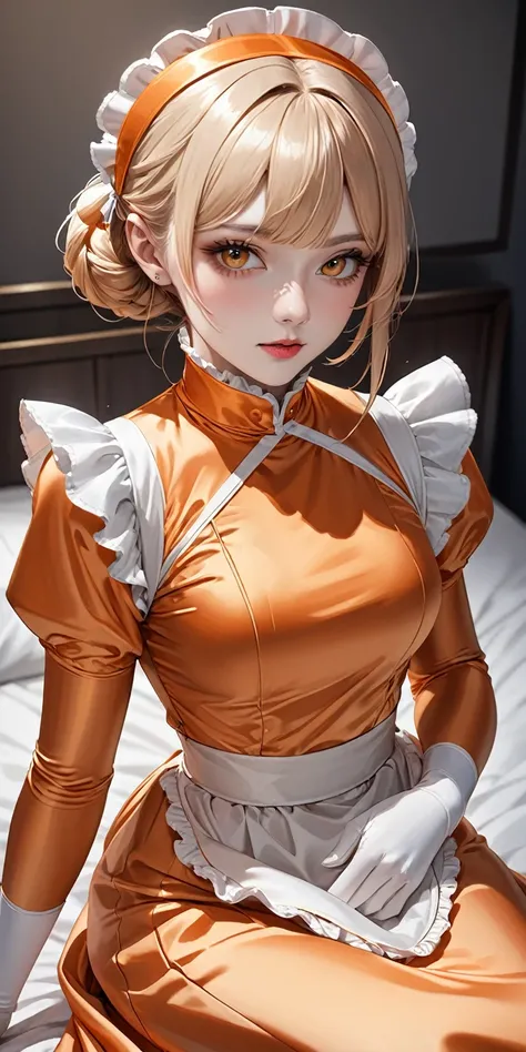 Portraiture、(masterpiece,Highest quality,Ultra-high resolution),Japanese women, Maid Headband、(((Very beautiful 25 year old girl)))、(She is wearing a long-sleeved maid outfit made of glossy pale orange satin..)、The dress has a simple design without any pat...