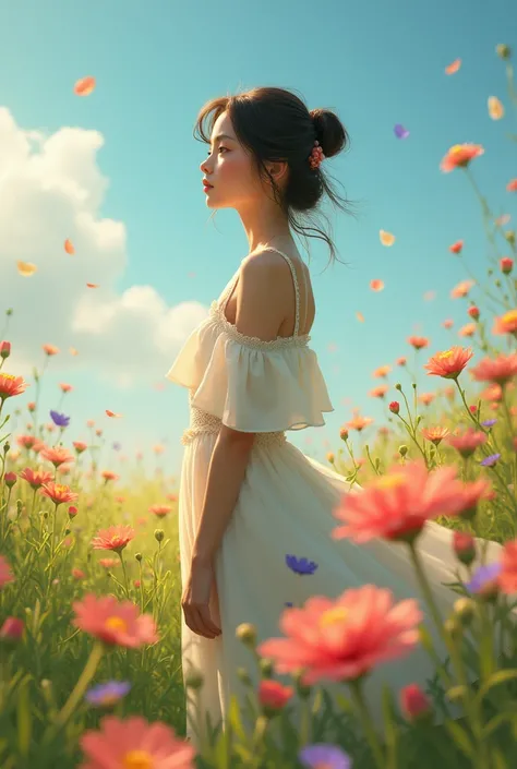 Girl who waiting someone on the flower land