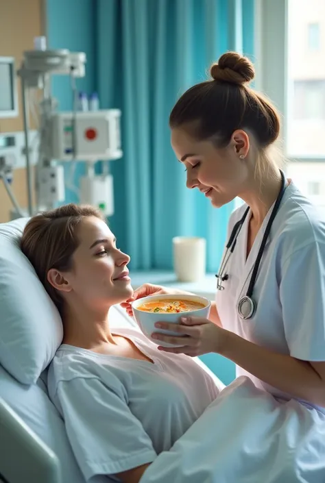 A nurse taking care of a man in hospital  and giving him Soup 
