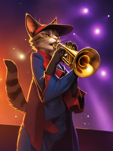 A close-up shot of a cat playing a trumpet on stage,