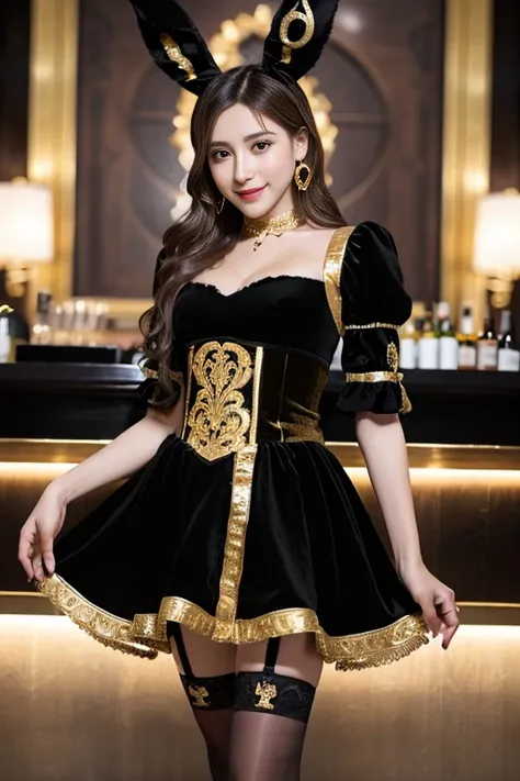 masterpiece, Highest quality, ((Realistic)), Very detailed, Finer details, ((High resolution)), 8k wallpaper, One beautiful woman, ((Wear a lovely black and gold velvet bunny girl costume with intricate embroidery)), Wear a black garter belt, Wearing high ...