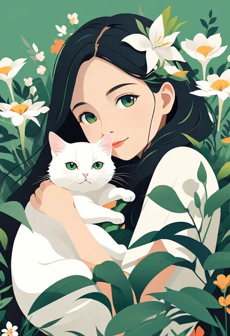 Cute girl hugging white cute cat on background of flowers and green plants (close up) Flat style vector art, Flat vector art uses simplicity in vector art、Pure expression，Highlight simplicity and clarity of form，Bring simplicity and modernity to your work