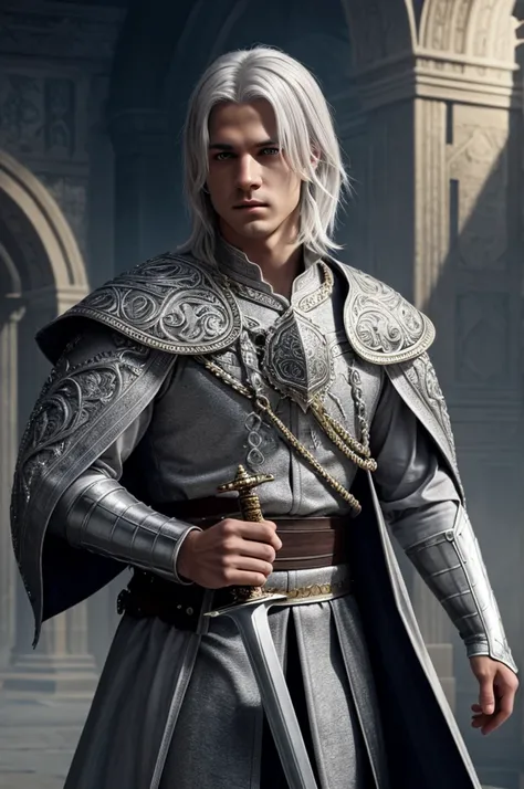 young man from the Middle Ages, light gray eyes, white hair, medium length hair, white skin, detailed facial features, rich clothing, ornate sword, incredible detail, volumetric lighting, dramatic composition, cinematic lighting, rich colors