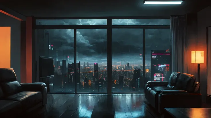 (masterpiece), (Dark Clouds), (Cyberpunk living room), (indoor), (window), (rain), (Cyberpunk City), (Realistic illustrations), (Cinematic), (windowの外を見ている)