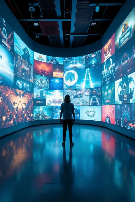 a person standing in front of a vast array of high-resolution screens, each showcasing diverse digital content from video game visuals to social media feeds, the room is sleek and futuristic, brimming with advanced technology, conveying a sense of awe and ...