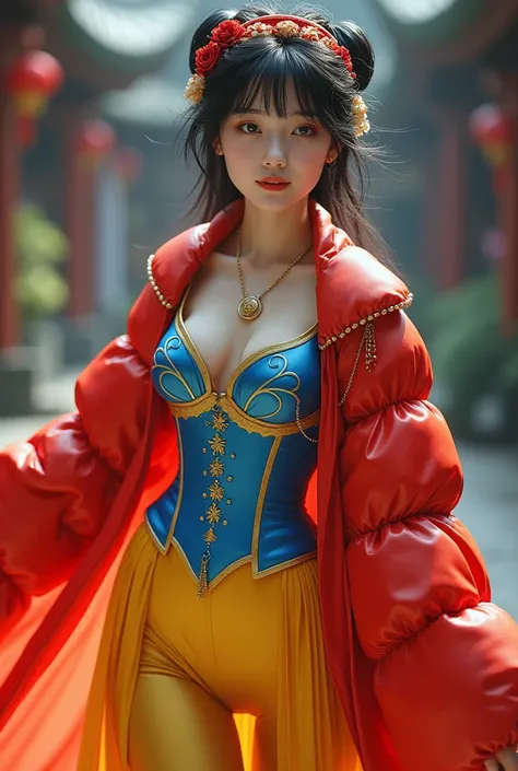 , Beautiful Chinese 18 year old female , wearing snow white cosplay, blue silk corset, red silk cape, yellow silk pleated skater skirt, silk leggings, black bob hair, red hairband, masterpiece, photorealistic, amazingly detailed face, maximum resolution,  ...