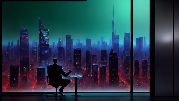 Skyscraper office in big city, Cyborg man sits in a luxurious chair、holding a cigar in hand。, high quality, Absurd, masterpiece, beautiful, Intricate details, 1/2. Body Crop, The body is slim, beautiful figure, Amazing anatomy, (Intricate details:1.12), Hi...