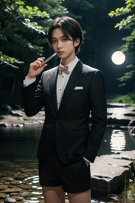 (best quality, masterpiece, highres:1.2), beautiful:1.5, black suit, black short hair:1.5, under the moonlight in a deep forest,...