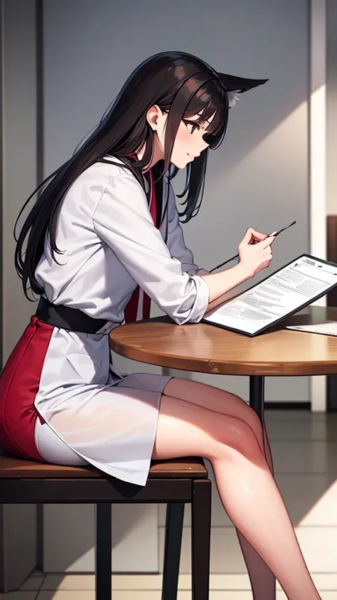 High-tech medical room,Beautiful and charming,A Japanese fox girl,long hair shawl,Doctors attire,Hearing aid,Sitting at the table,Reviewing the resume