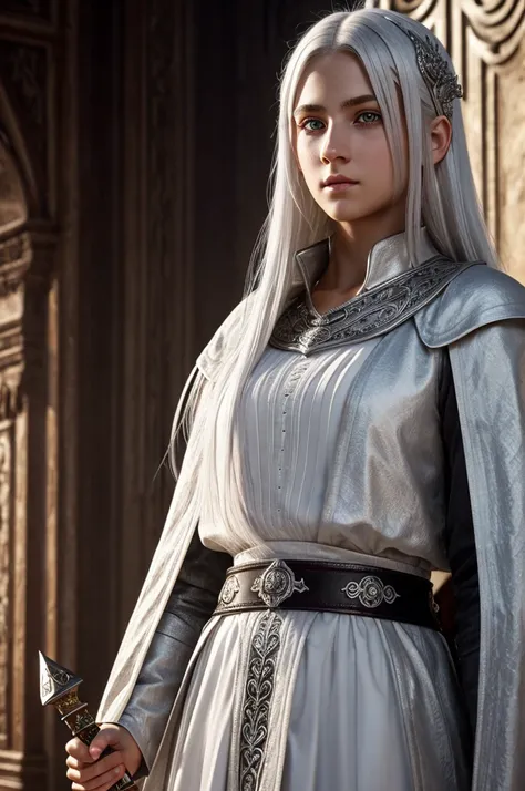 Middle Ages youth, light gray eyes, white hair, medium length hair, white skin, detailed facial features, rich clothing, ornate sword, incredible detail, volumetric lighting, dramatic composition, cinematic lighting, rich colors