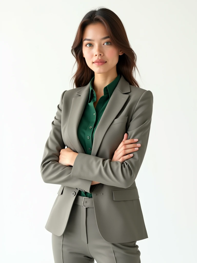 a 3d render a young business woman in a suit and green blouse underneath her crossed arms, brown hair and green eyes, white background