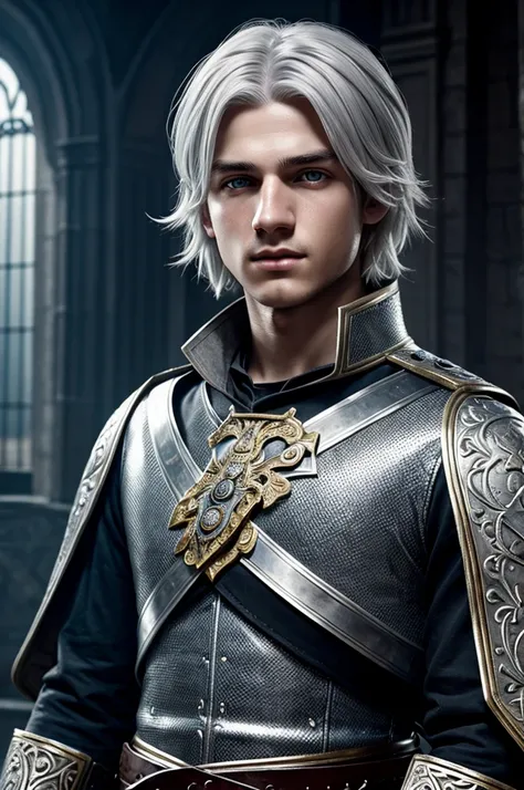 Middle Ages youth man, light gray eyes, white hair,short hair, white skin, detailed facial features, rich clothing, ornate sword, incredible detail, volumetric lighting, dramatic composition, cinematic lighting, rich colors