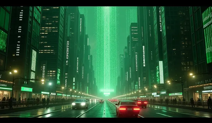 Highest quality, Realistic, High resolution, Ultra-detailed, Matrix Movie Architecture, Futuristic cityscape, Cyberpunk Style, Holographic Advertising, Neon Light, Towering Skyscrapers, A waterfall of digital rain, Glass and steel structure, bustling stree...