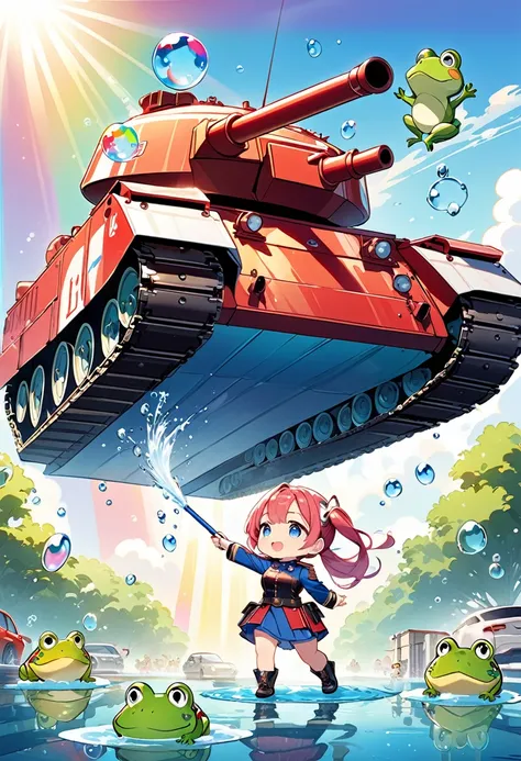 Highest quality、High resolution、Detailed Background、Beautiful face in every detail、Anatomically correct、Detailed facial expressions、fine grain、Movie Posters, Armored Tank, A peaceful scene of car washing、((full body, from below:1.2, side shot, looking away...