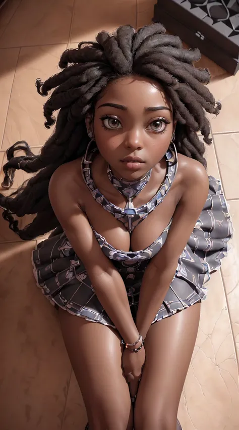 photo of Stormi Maya, RAW, beautiful woman, ((portrait)), ((detailed face:1.2)), (dark afro:1.25), ((detailed facial feature, detailed dark skin, clear skin), (sitting on floor, looking up at viewer, pov:1.7), (wearing a colorful dress) (high detailed city...