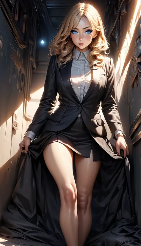 Highest quality, masterpiece, Ultra-high resolution, (Realistic:1.4), RAW Photos, One girl, Blonde, blue eyes,  Detailed eyes and face, Black suit, Dynamic Lighting, In the Dark, Deep Shadow, Modest, Full body shot of a cowboy