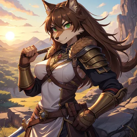  Masterpiece, best quality, high quality, 4K, Anime art, 1Female Brown wolf, Solo, has Brown fur, has a sword on her hand, pretty, Warrior, wears an armor, has Green eyes, has medium Breasts, detailed anime character art, Slim body, serious face, happy, cr...