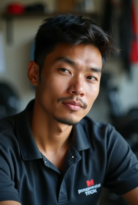 A 35-year-old Indonesian man is at a motorcycle workshop, short hair, dimples, sleepy eyes,