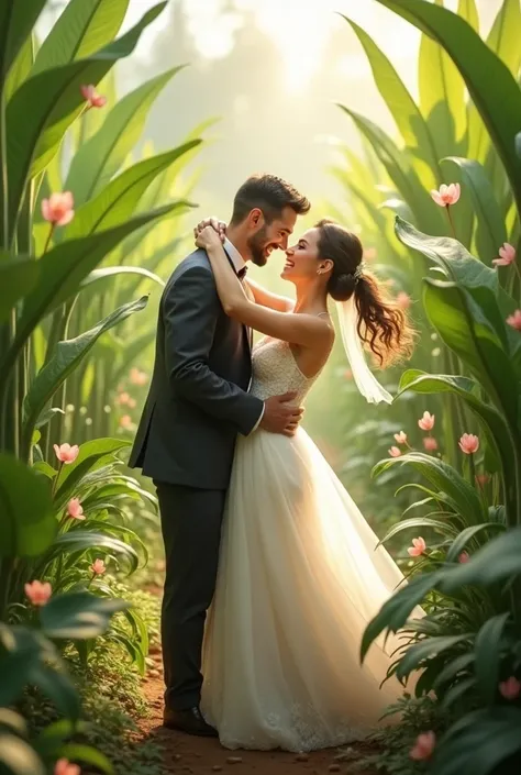 The bridal couple is playing in the tapioca garden.