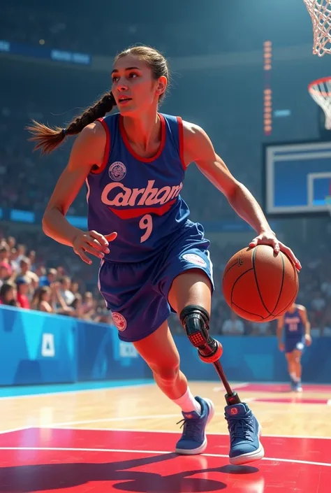 Paralympic athlete without a leg competing in basketball at the 2024 Paris Paralympics