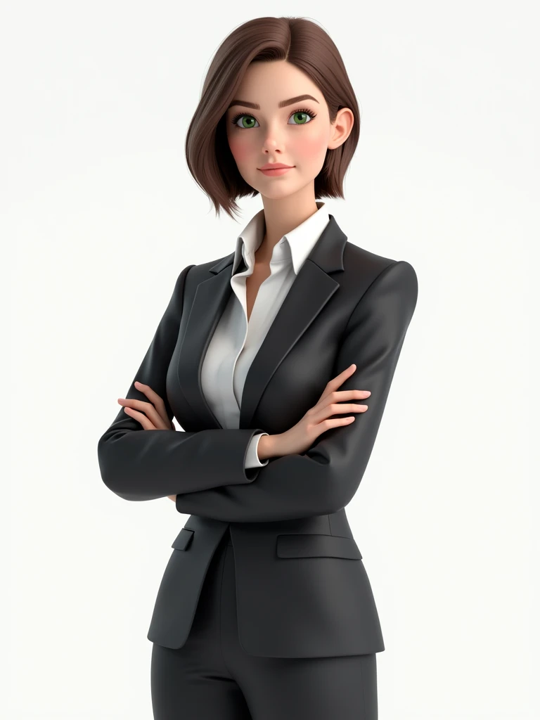 a 3d render standing sideways and looking forward young business woman in a suit and green blouse underneath her crossed arms, brown hair and green eyes, white background