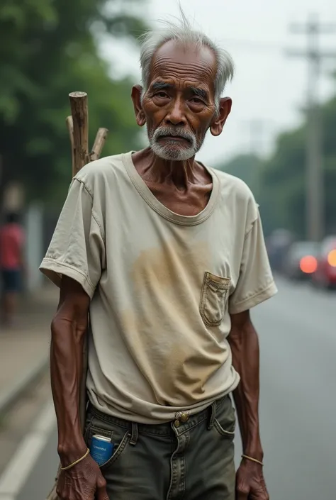 photorealism of an 80-year-old Indonesian grandfather on the side of the road in the city at noon, short and thin wearing a tattered white T-shirt and shabby shorts, hair not washed for a month, dusty face, sweat soaking his face