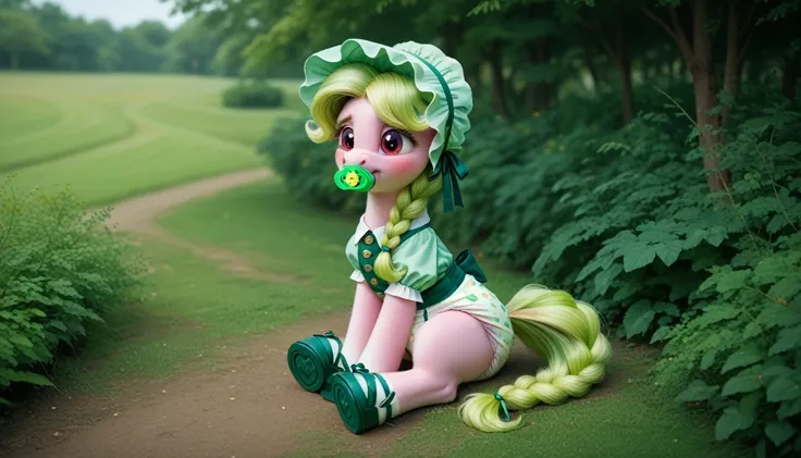 pony, бежевая земная pony, no horn, no wings, lush mane braided, bushy tail, adult mare, Sitting outside, dressed in a green romper, light green bonnet and green booties, green pacifier in mouth, solo, thick light green diaper under clothes, pink blush on ...