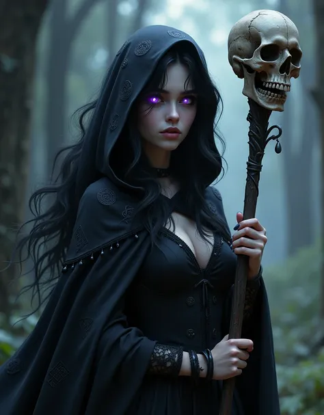 4K gothic style quality, digital drawing mode, dark fantasy-themed gothic female character, raven black hair with ghostly white highlights, haunted violet eyes, wearing only a dark cloak with ancient runes, holding a staff with a skull, Blur the background...