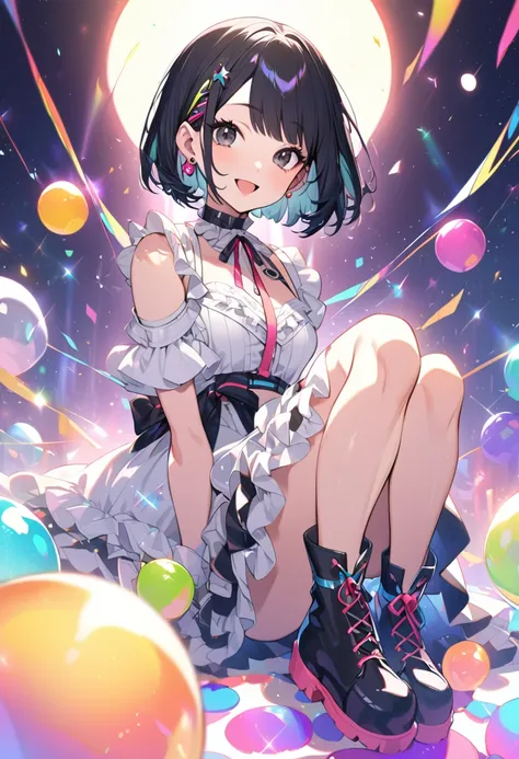 1hyper cute young girl,black short hair with (((Bob cut hairstyle with one small knot on the side))),frilly outfits and thick-soled boots,long skirt,earing,sit,open mouth smile,glitter,black eyes,full body,ultra detailed beautiful hair,
